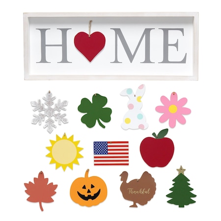 Elegant Designs Rustic Farmhouse Wooden Seasonal Interchangeable Symbol "Home" Frame with 12 Ornaments, White Wash HG3201-WGY